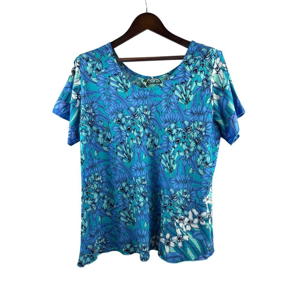 Women’s Rainbow Jo 1XL Blue Floral Short Sleeve Blouse